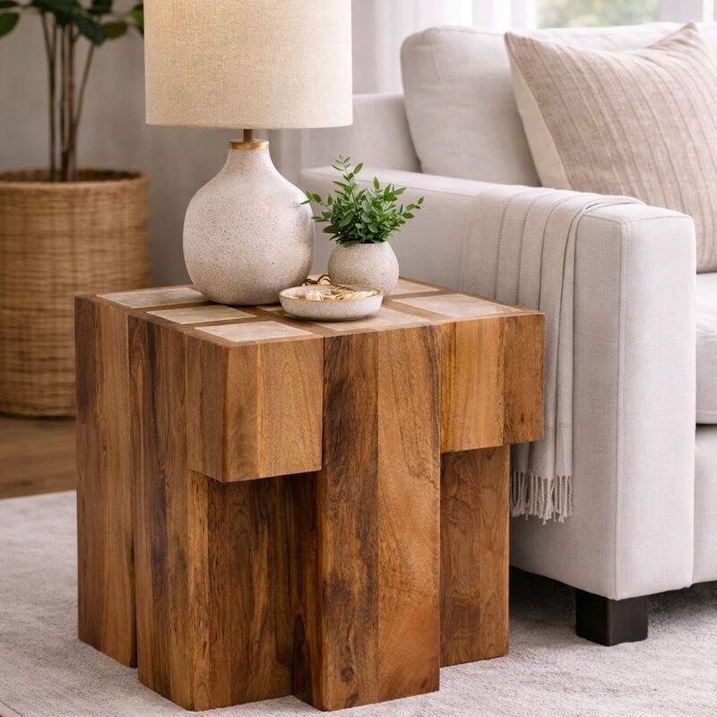 Artisan Furniture Solid Wood Travertine Top Block Side Table image number 1