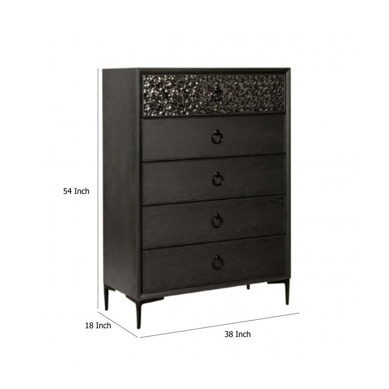 Kaira Tall Dresser Chest, 5 Drawers, Textured Metal, Espresso Brown - Benzara
