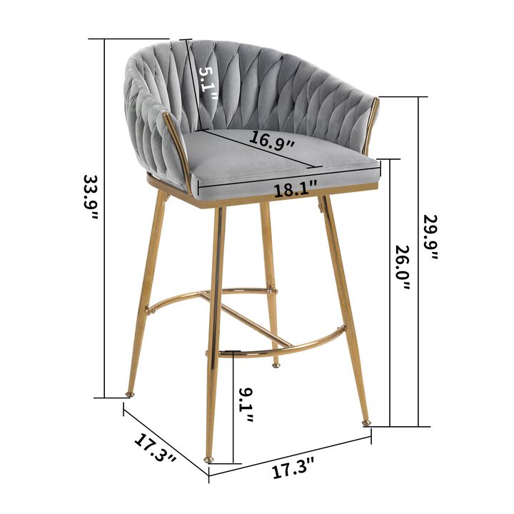 26 Inch Velvet Counter Height Bar Stool with Hand Wave Back and Golden Base for Kitchen Island