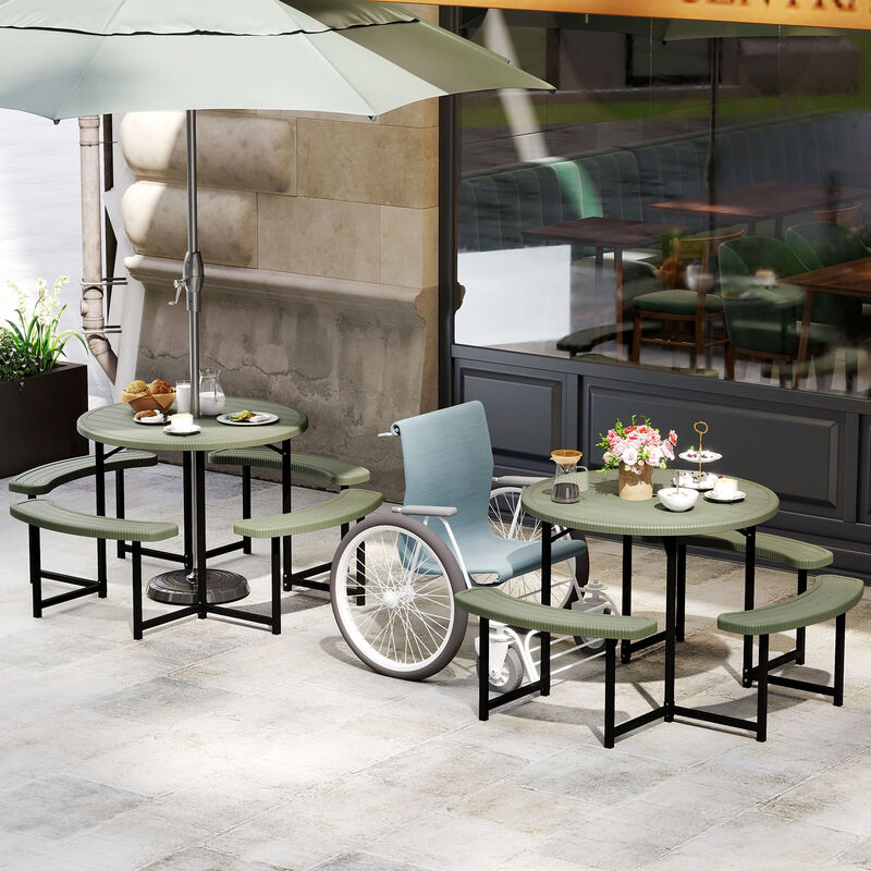 Round Picnic Table Set with 4 Benches and Umbrella Hole &ndash; Outdoor Patio Dining