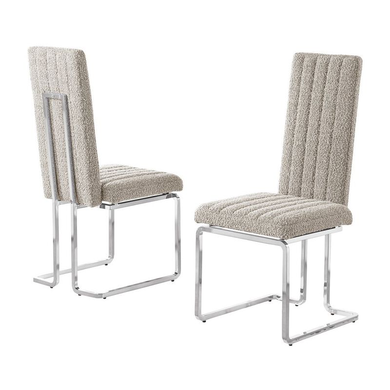 Gray Boucle Fabric Silver Chrome Base Tall Back Rest Dining Chairs (Set Of 2)