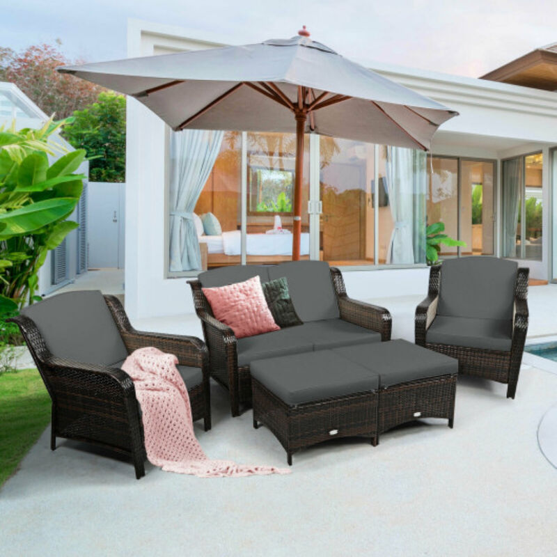 5-Piece Patio Rattan Sofa Set with Cushions and Ottoman, Comfortable Outdoor Seating image number 1
