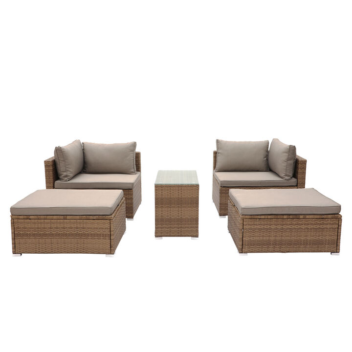 MONDAWE 5-Piece Outdoor Sectional Sofa Set with Brown Rattan Wicker & Gray Cushion