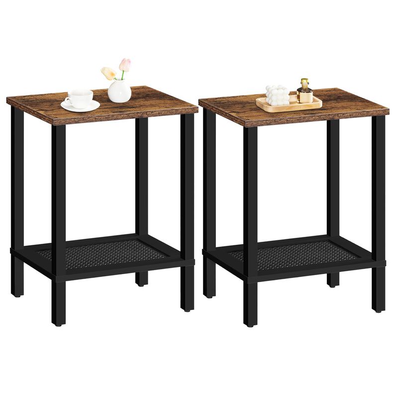 HOOBRO End Tables Set of 2, Side Table with 2-Tier Storage Shelves, Tall Nightstand with Faux Rattan Decoration, Sofa Table for
