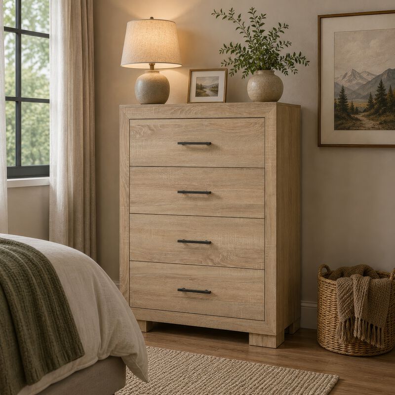 Poxy Tall Dresser Chest with 4 Drawers, Nickel Metal, Oak Brown Wood image number 8
