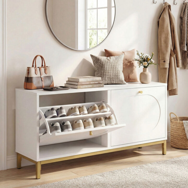 White Narrow Entryway Shoe Storage Bench with 2 Flip Drawers and Shelves