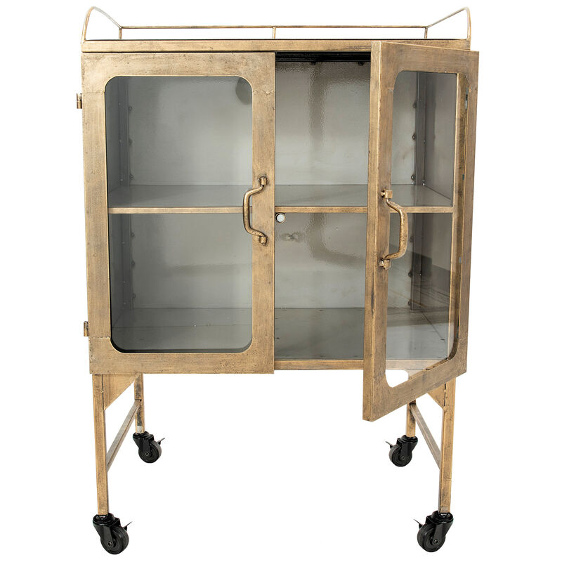 Metal Bar Cabinet with Glass Doors and Wheels, Gold and Antique Brass image number 3