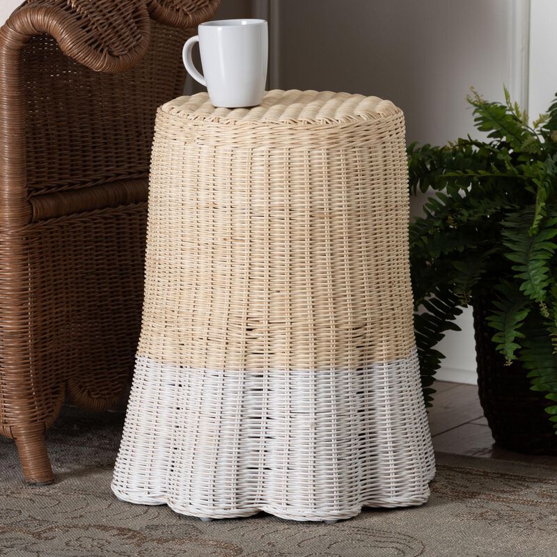 bali & pari Sarna Natural Rattan End Table - Handwoven Wicker Accent Table with Scalloped Base and Two-Tone Finish, Boho Coastal Style Side Table