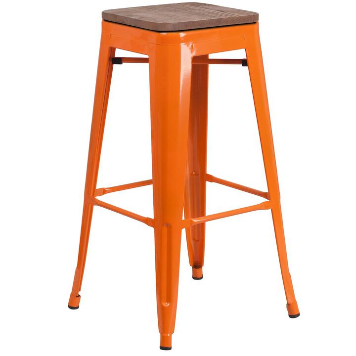 Flash Furniture 30" High Backless Orange Metal Barstool with Square Wood Seat