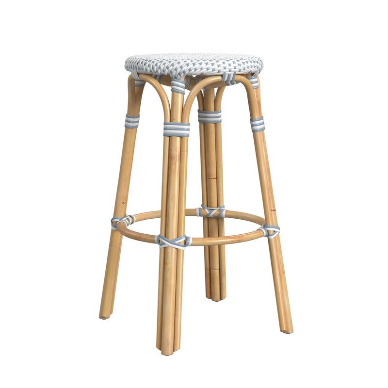 Butler Specialty Tobias Round Rattan 30 Bar Stool, White and Sky Blue Dot