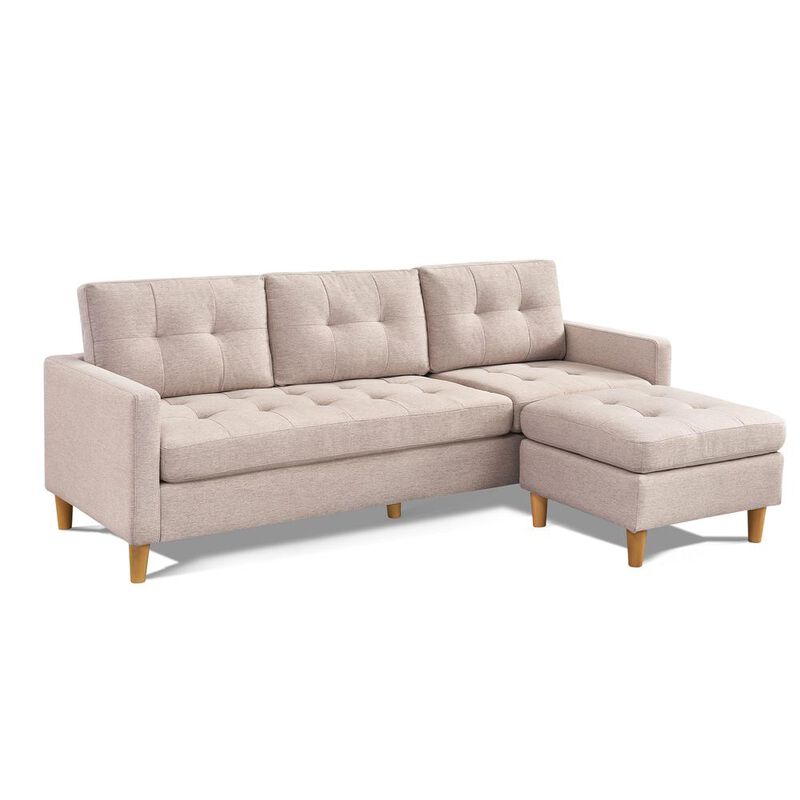 OS Home and Office Furniture Two Piece Upholstered Tufted L Shaped Sectional with Ottoman in Beige