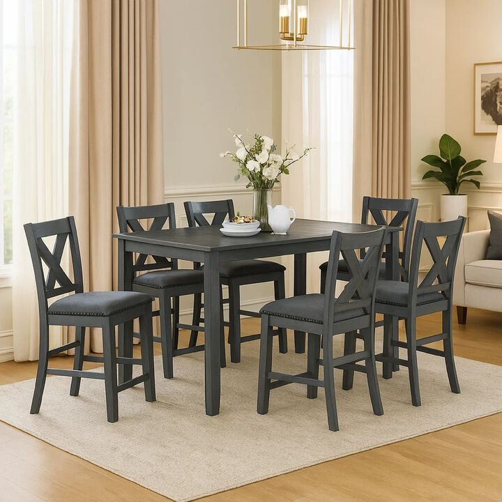 Carla 7pc Counter-Height Dining Table and 6 Chairs Set, Gray Wood