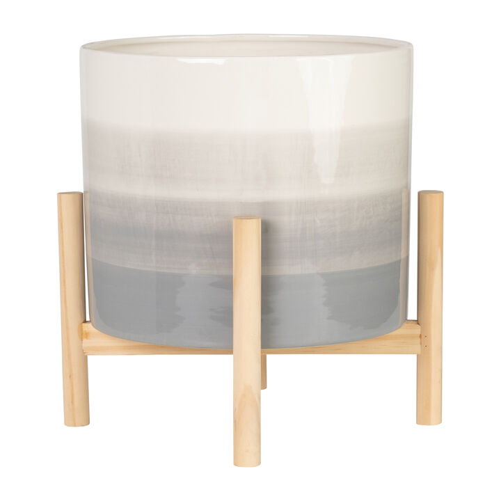 12" Ceramic Planter W/ Wood Stand, Beige Mix