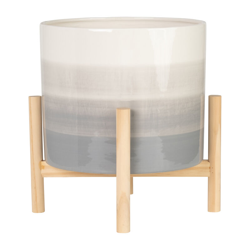 12" Ceramic Planter W/ Wood Stand, Beige Mix image number 0
