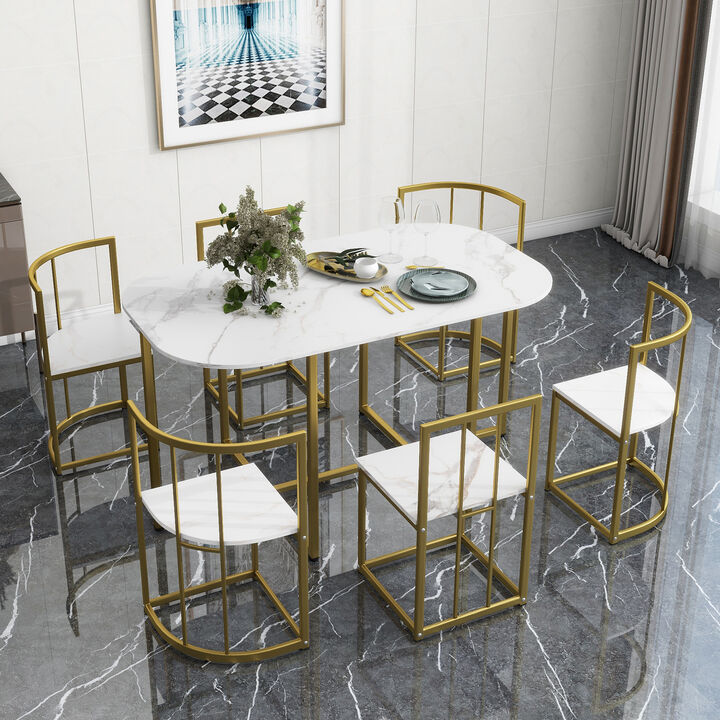 Whisen Modern 7-Piece MDF and Faux Marble Top Dining Table Set with 6-Chairs - Golden/White