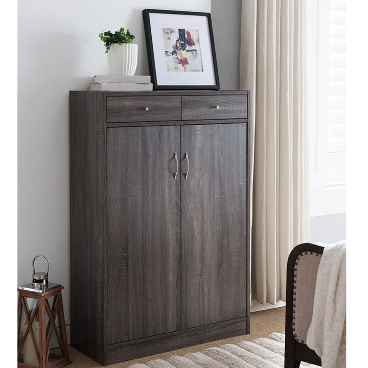 Distressed Grey Shoe Cabinet with 2 Drawers & 5 Shelves Storage Organizer with Spacious Top