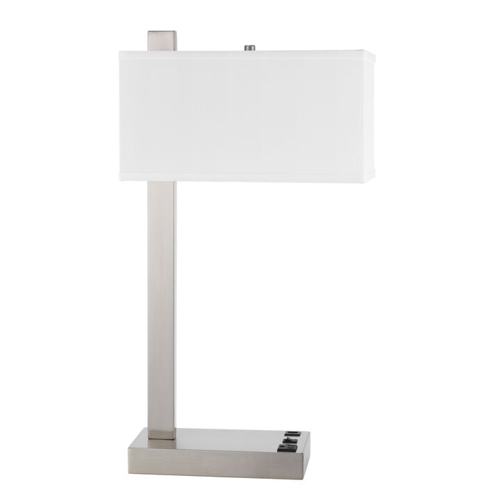Nacy Table Lamp, 1 Power Outlet and USB Port, Chrome Steel 25 Inch - Benzara