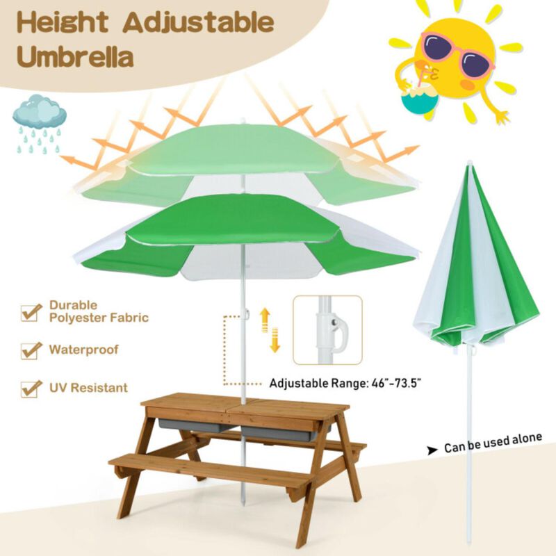 Hivvago 3-in-1 Kids Outdoor Picnic Water Sand Table with Umbrella Play Boxes