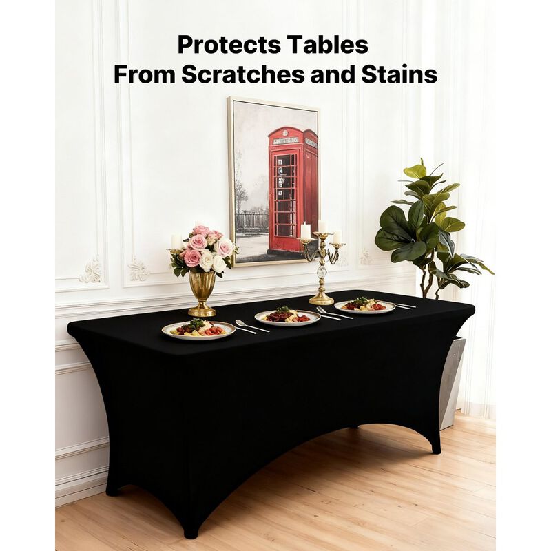 6 Pack Washable Stretch Tablecloths for Rectangular Tables, Fitted Covers for Banquet & Events-Black image number 3
