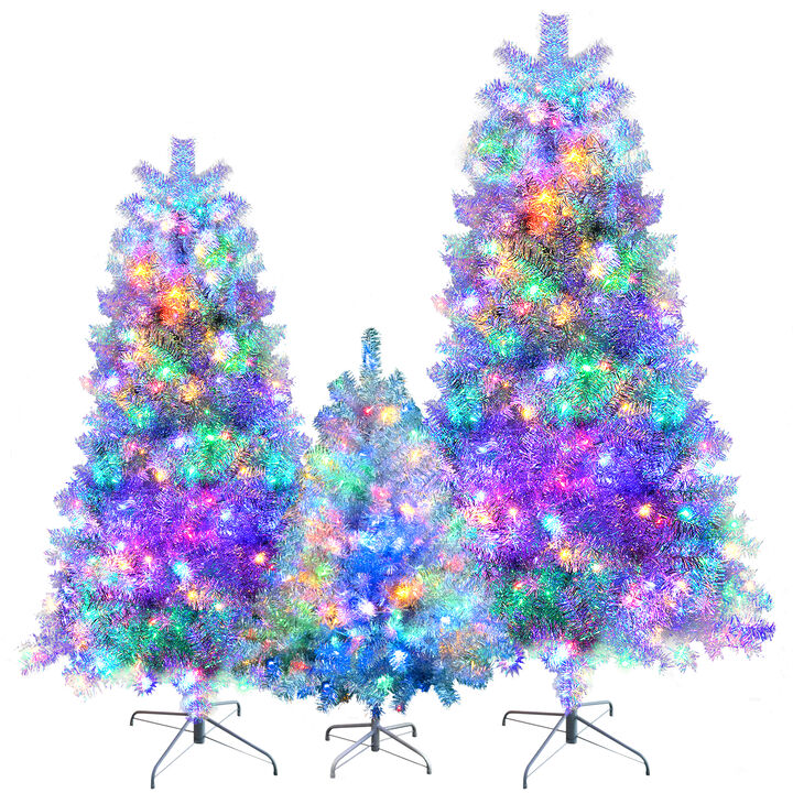 Whisen 7.4FT, 6FT, 4FT Sliver Pre-Lit Artificial Christmas Tree, Hinged Full Tree with Metal Stand, Branch Tips, LED Lights