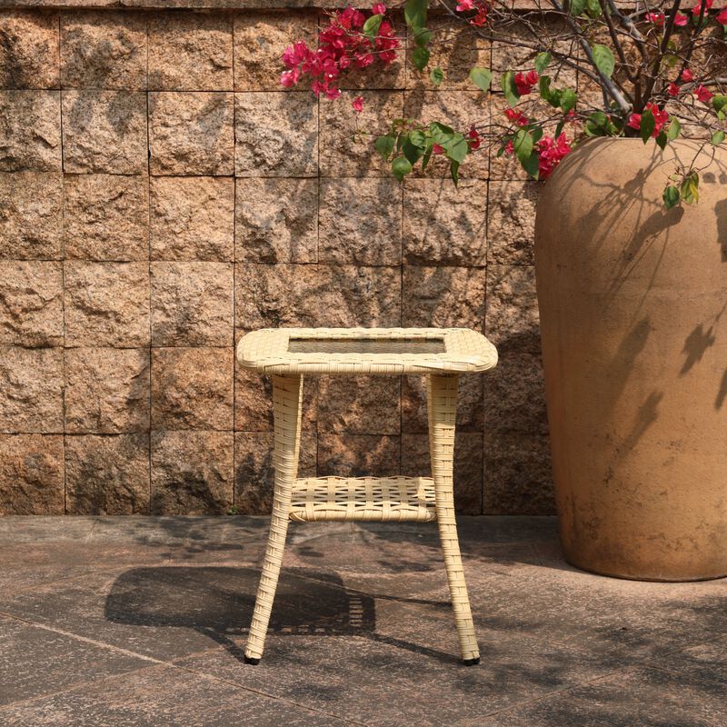 WOW PIONEER Outdoor Wicker Patio Side Table with Tempered Glass Top, 2-Tier All-Weather PE Rattan End Table with Storage Shelf for Balcony Backyard Garden Porch image number 1