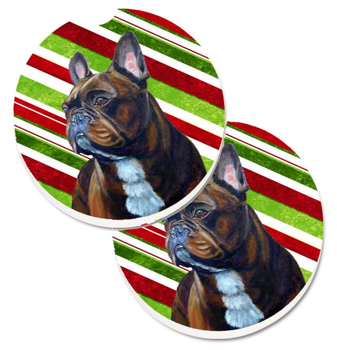 Caroline's Treasures French Bulldog Candy Cane Holiday Christmas Set of 2 Cup Holder Car Coasters LH9250CARC, 2.56, Multicolor