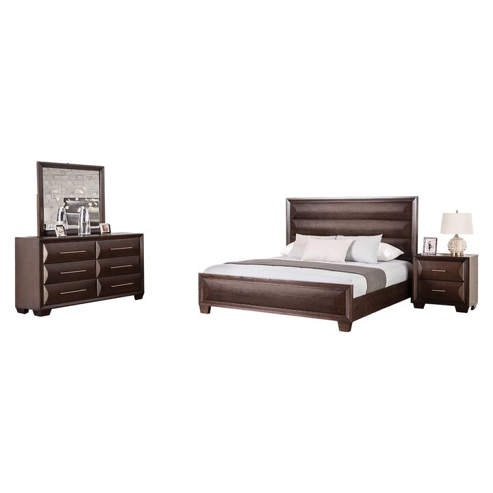 Nitz 4pc Queen Bedroom Set, Sculpted Headboard, Espresso Brown