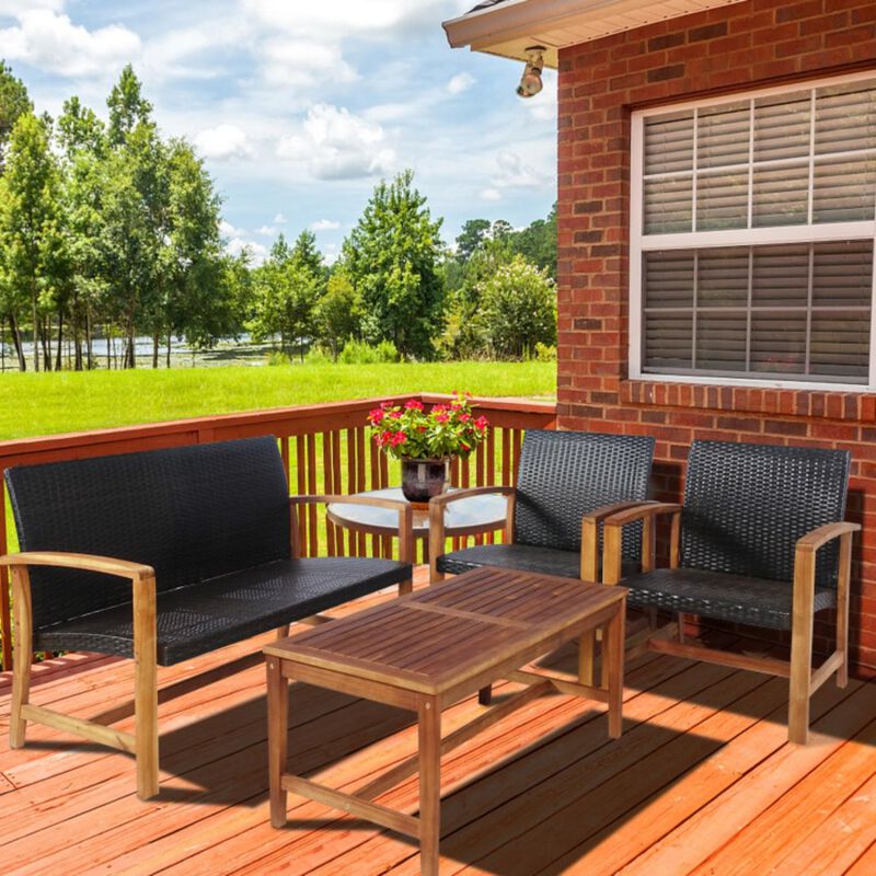 Hivvago 4 Pieces PE Rattan Patio Furniture Set with Solid Acacia Wood