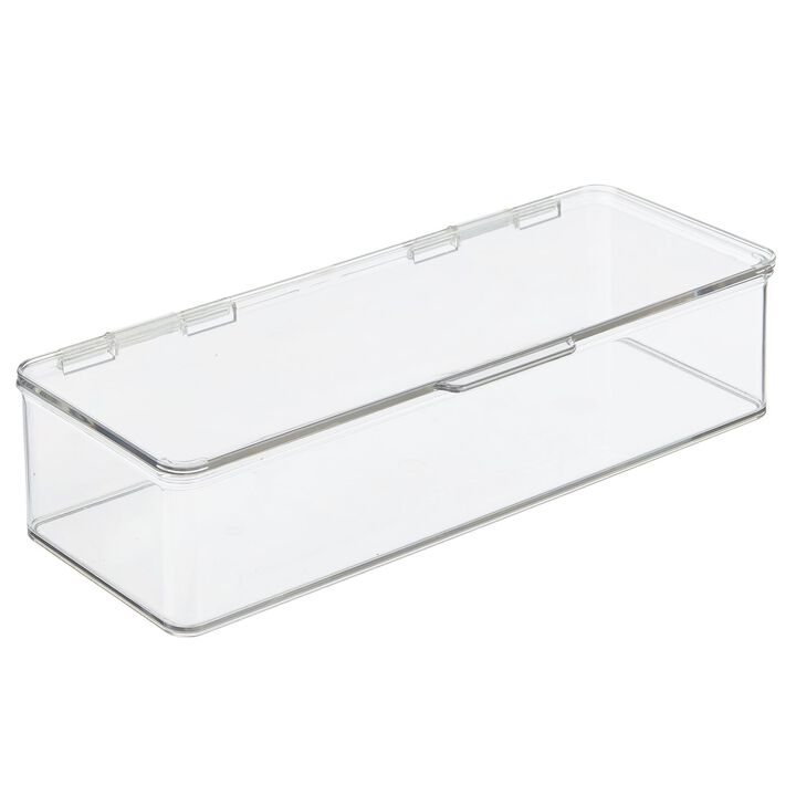 mDesign Long Plastic Home Office Storage Organizer Box with Hinged Lid - Clear