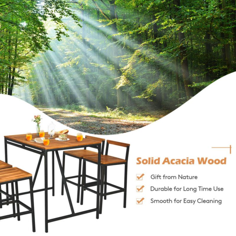 Hivvago 5 Pieces Outdoor Acacia Wood and PE Rattan Bar Set