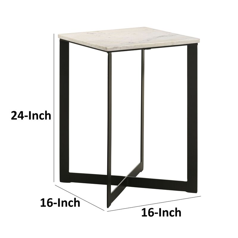 Sovi 24 Inch Side End Table, Square Marble Top, Black Metal Frame, White image number 4