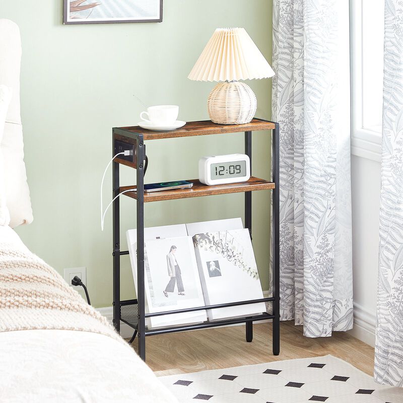 Compact Side Table with Charging Station for Living Room or Bedroom- Brown image number 6