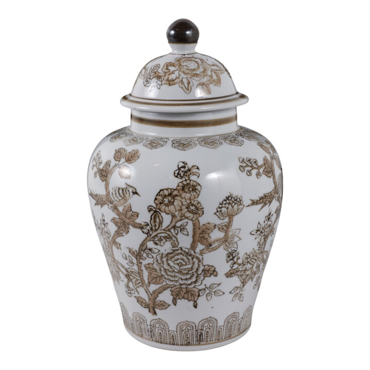 12x7" Chinoiserie Bird & Vines Temple Jar,brwn/wht