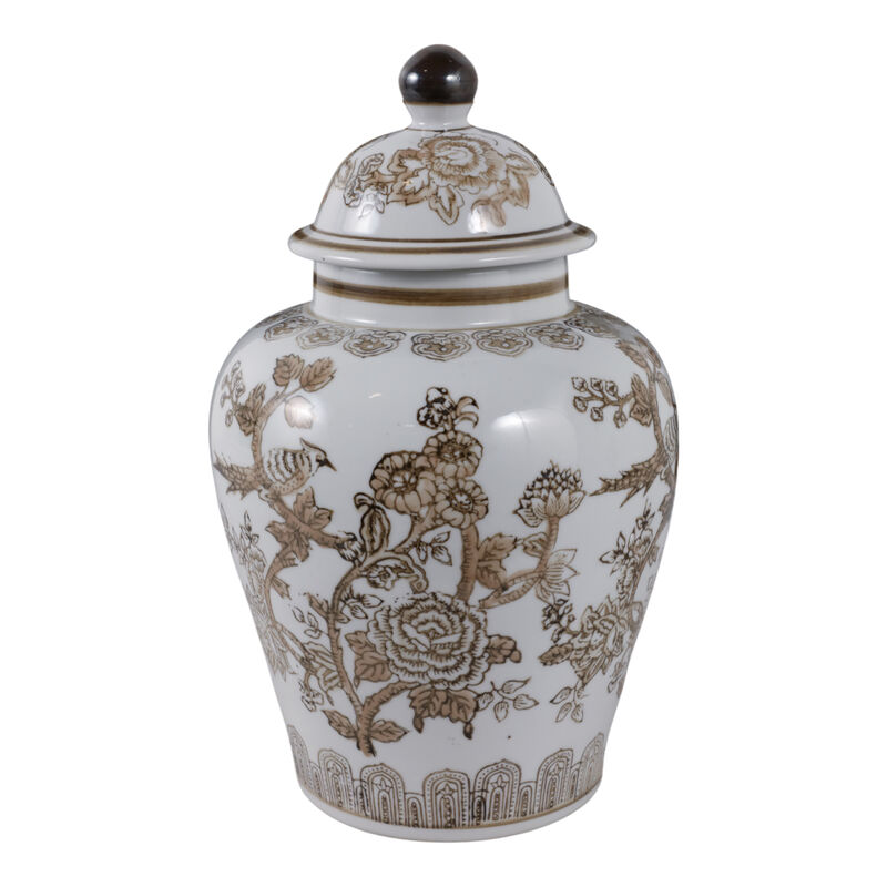 12x7" Chinoiserie Bird & Vines Temple Jar,brwn/wht image number 0