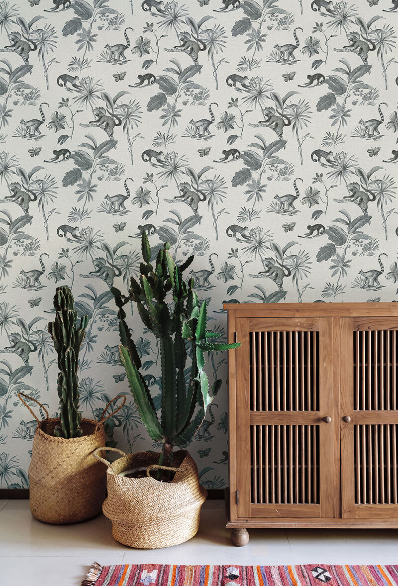 Botanicals & Lemurs Grey Peel & Stick Wallpaper image number 1