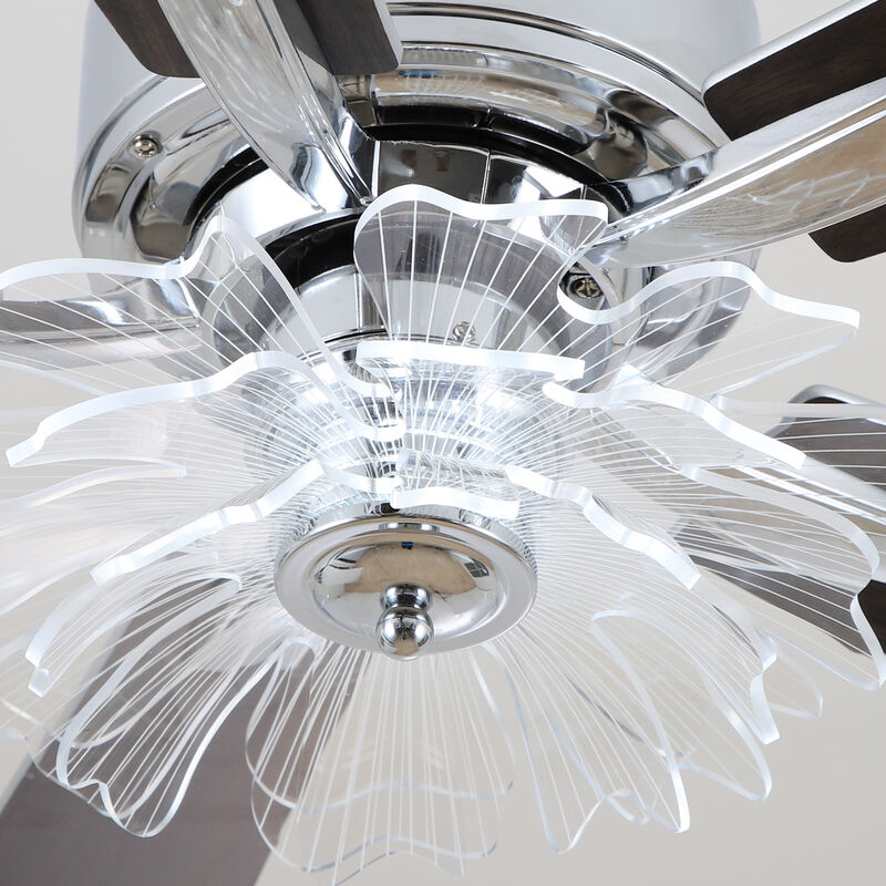 52" Modern Chrome Dimmable Reversible Ceiling Fan with Lotus-shaped Light Guide Plate and Remote