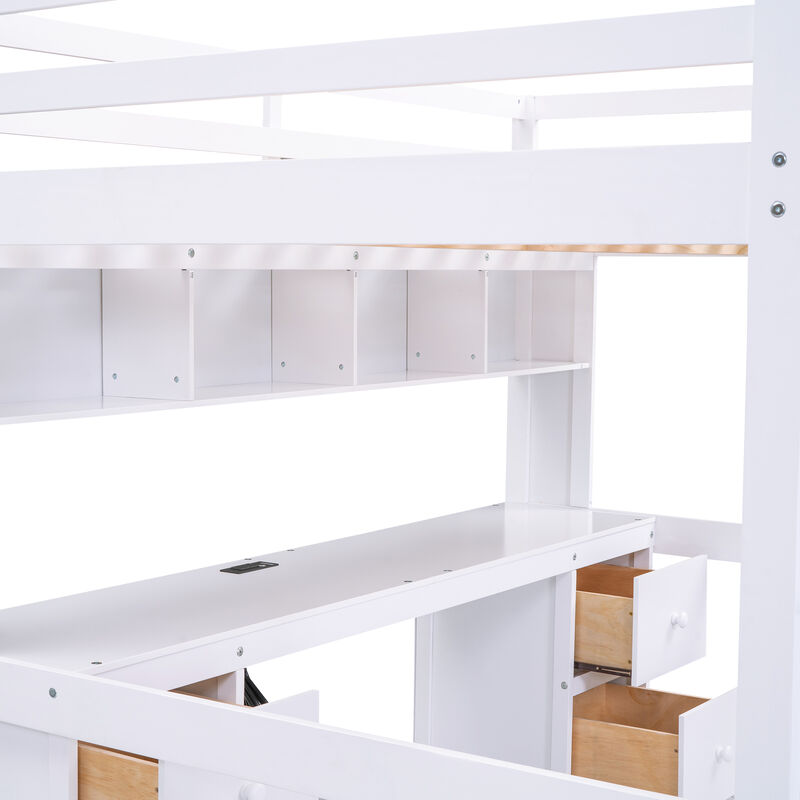 Merax Full Size Loft Bed with Desk, Cabinets, Drawers and Bedside Tray