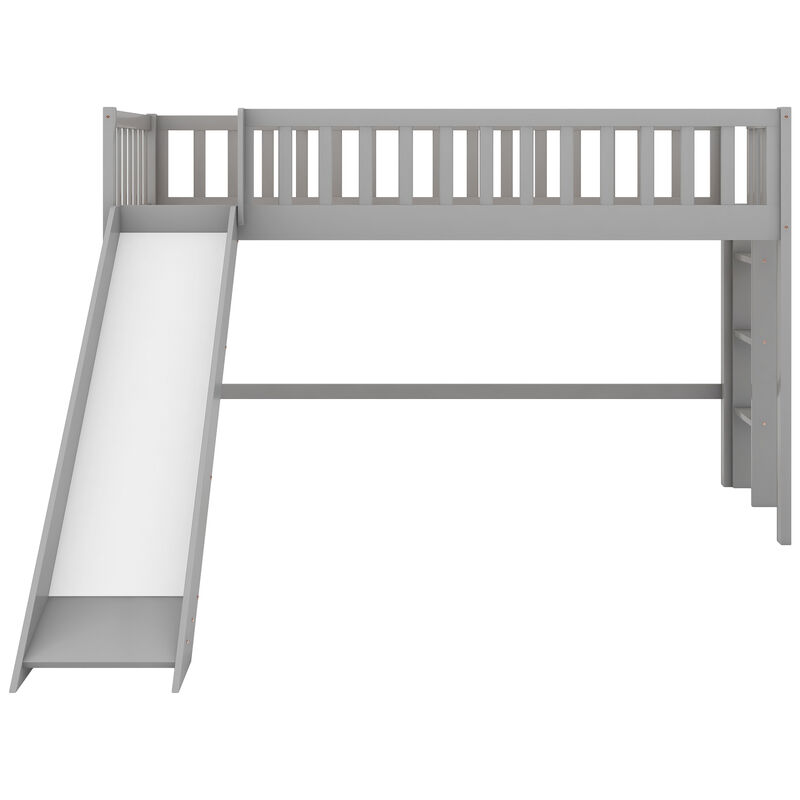 Whisen Twin Size Wood Low Loft Bed with Ladder and Slide - Gray