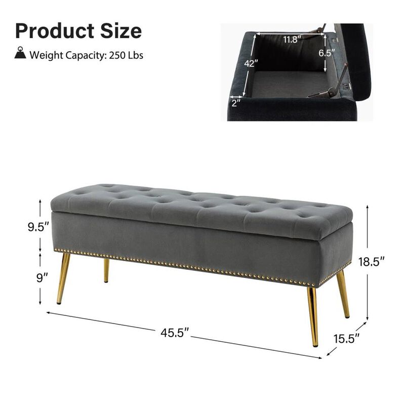 Hivvago Mid-Century Modern End of Bed Storage Bench with Gray Velvet Seat and Gold Legs