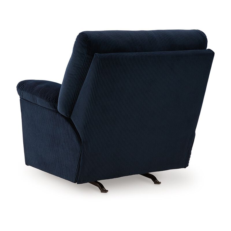 Simy Rocker Recliner Chair, Pillow Top Arms, Dark Navy Blue Corduroy - Benzara