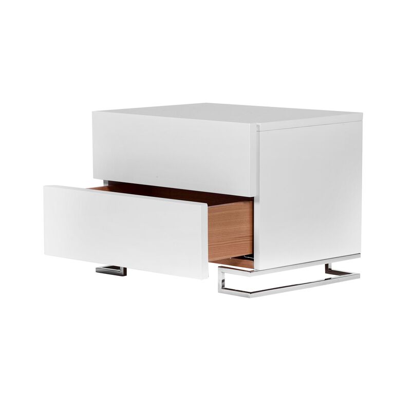 Sam 20 Inch Nightstand, 2 Drawers, White Wood, High Polished Metal Legs - Benzara