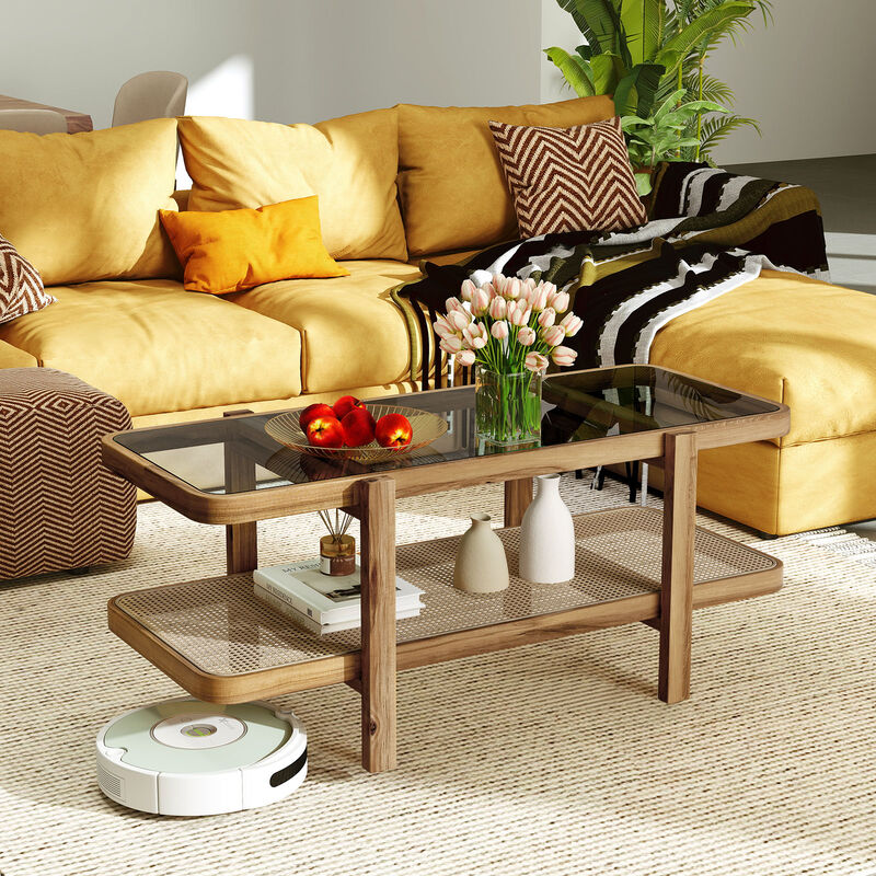 2-Tier Coffee Table with Storage and Tempered Glass Tabletop