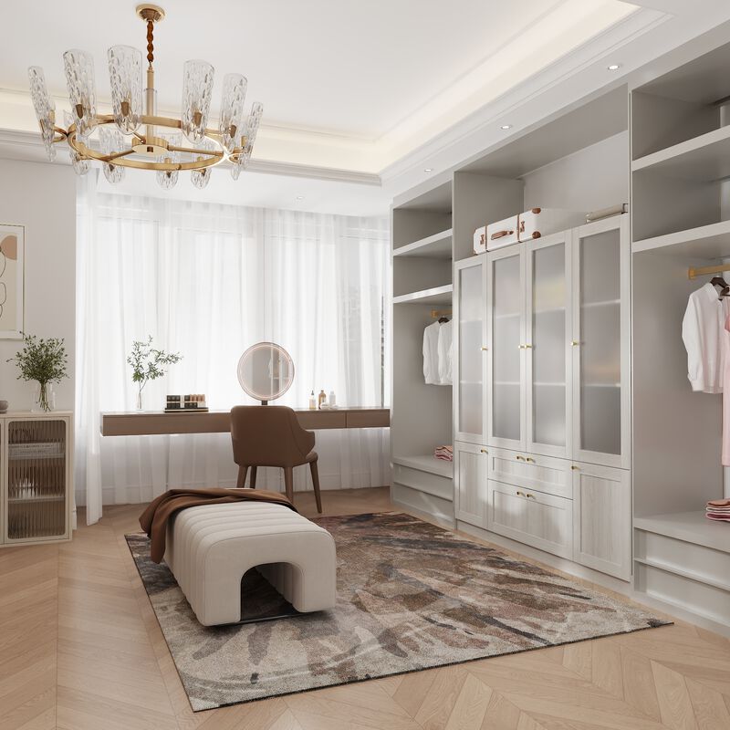 FUFU&GAGA Modern Wood Grain Wardrobe with Adjustable Shelves and Lockable Drawers (63" W x 70.9" H x 15.7" D), Glass Doors and Brass Pull Handles