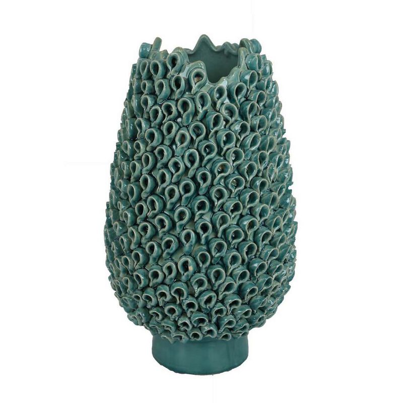 Accent Flower Vase, 3D Coral Textured Teal Green Ceramic 16 Inch - Benzara