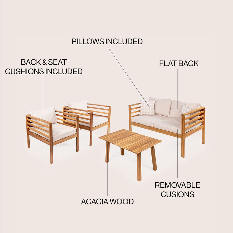 Thom 4-Piece Mid-Century Modern Acacia Wood Outdoor Patio Set with Cushions and Plaid Decorative Pillows