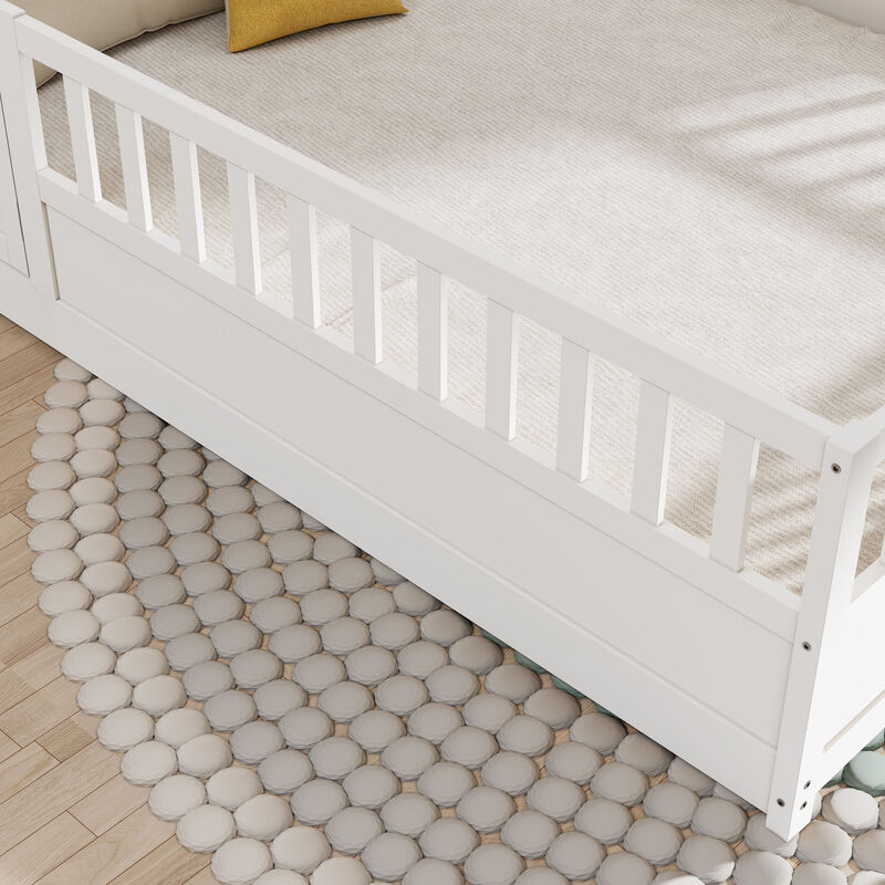 Children's Floor Bed Frame with Integral Construction Super High Security Barrier and Door for Safety