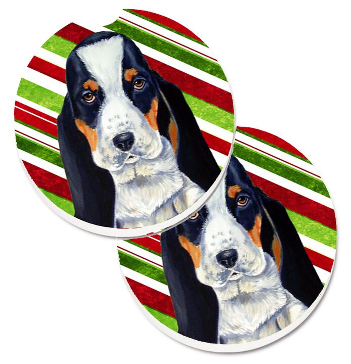 Caroline's Treasures Basset Hound Candy Cane Holiday Christmas Set of 2 Cup Holder Car Coasters LH9239CARC, 2.56, Multicolor
