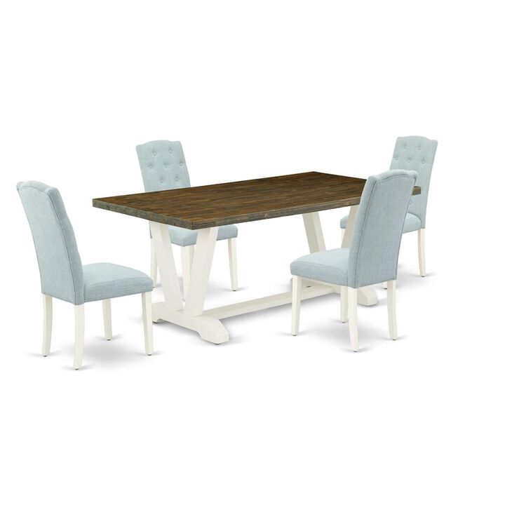 East West Furniture V077CE215-5 5-Pc Dining Table Set- 4 Mid Century Dining Chairs with Baby Blue Linen Fabric Seat and Button Tufted Chair Back - Rectangular Table Top & Wooden Legs - Distressed Jaco