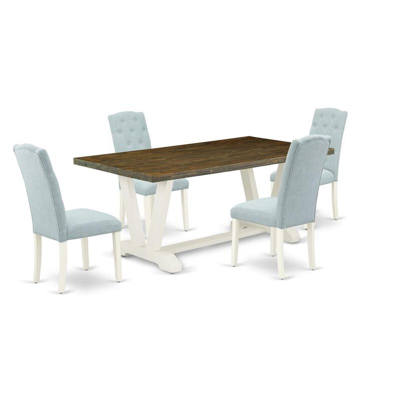 East West Furniture V077CE215-5 5-Pc Dining Table Set- 4 Mid Century Dining Chairs with Baby Blue Linen Fabric Seat and Button Tufted Chair Back - Rectangular Table Top & Wooden Legs - Distressed Jaco