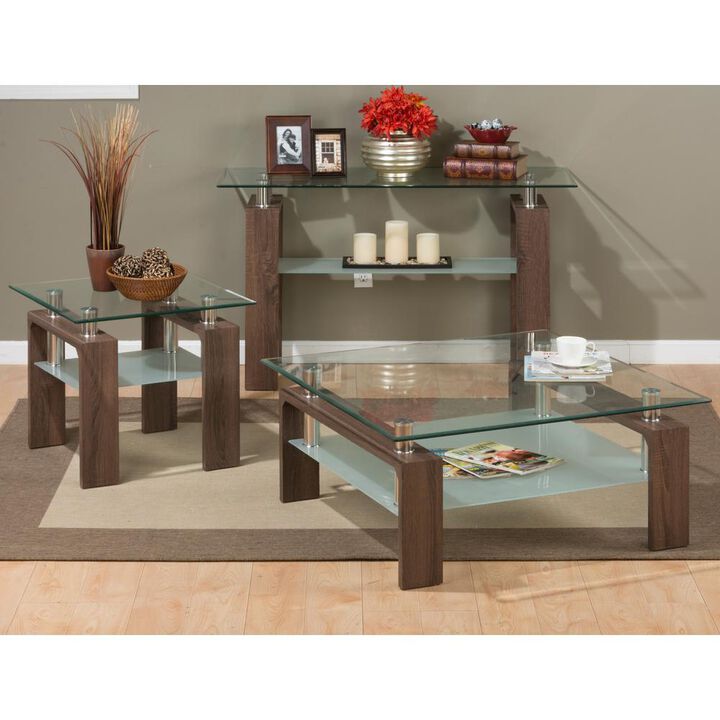 Jofran Compass Clear Modern Glass Sofa Table, Brown Wood and Glass